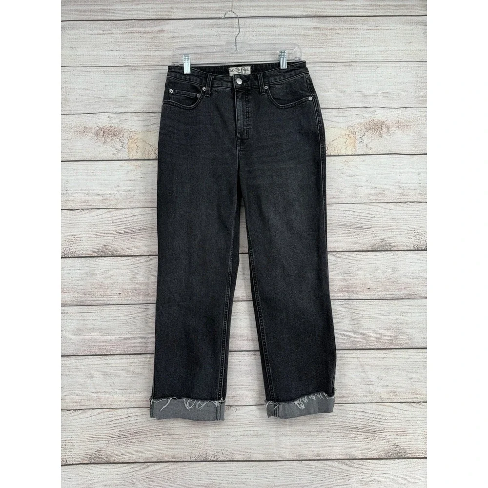 Free People Jeans Women 30 Black We The Free Straight Leg Cropped Frayed Hem